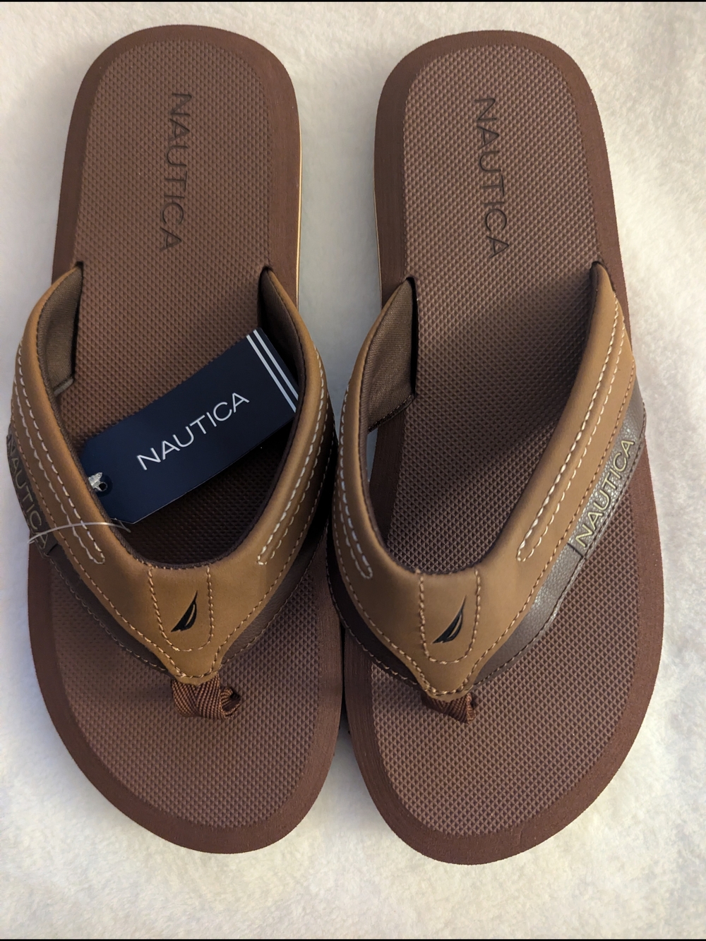 Nautica Brown and Tan Leather Trim Men's Flip Flop Sandals Size11